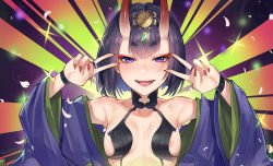 Rule 34 | 1girl, absurdres, bare shoulders, blush, bob cut, breasts, double v, emotional engine - full drive, eyeliner, fangs, fate/grand order, fate (series), hands up, headpiece, highres, horns, japanese clothes, kaer sasi dianxia, kimono, long sleeves, looking at viewer, makeup, nail polish, off shoulder, oni, open mouth, parody, purple eyes, purple hair, purple kimono, revealing clothes, short eyebrows, short hair, shuten douji (fate), skin-covered horns, small breasts, smile, solo, striped, striped background, v, wide sleeves