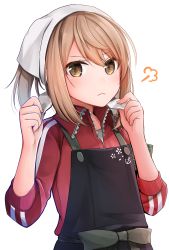 Rule 34 | 1girl, absurdres, alternate costume, anchor symbol, apron, armband, commentary request, green armband, head scarf, highres, jacket, kantai collection, light brown hair, michishio (kancolle), short twintails, simple background, track jacket, twintails, v-shaped eyebrows, white background, yellow eyes, yunamaro