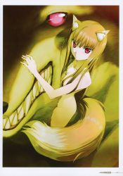 Rule 34 | 1girl, absurdres, animal ears, breast press, breasts, brown hair, closed mouth, collarbone, hair between eyes, highres, holo, koume keito, long hair, nude, official art, page number, red eyes, scan, shiny skin, small breasts, smile, spice and wolf, straight hair, tail, very long hair, wolf, wolf ears, wolf tail