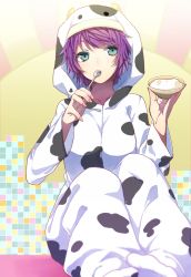 1girl animal_costume animal_print blue_eyes bowl cow_costume cow_print curry_gohan female_focus monogatari_(series) purple_hair senjougahara_hitagi short_hair solo spoon