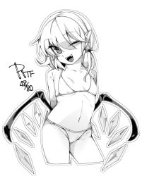 Rule 34 | 1girl, arms behind back, bare shoulders, bikini, breasts, cowboy shot, cropped legs, fangs, flandre scarlet, greyscale, halterneck, looking at viewer, monochrome, one eye closed, open mouth, pointy ears, revision, shamo (koumakantv), small breasts, smile, solo, string bikini, swimsuit, touhou, white background, wings