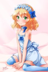 Rule 34 | 10s, 1girl, arm support, artist name, blonde hair, blue dress, blue thighhighs, bow, closed mouth, collar, commentary request, dress, frilled thighhighs, frills, full body, green eyes, hair bow, hairband, haruhata mutsuki, idolmaster, idolmaster cinderella girls, light smile, looking at viewer, sakurai momoka, short dress, short hair, signature, sitting, solo, spaghetti strap, thighhighs, twitter username, v arms, wariza
