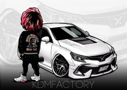 Rule 34 | 1boy, artist name, black hair, black jacket, black pants, chibi, chris ilst, commission, hands in pockets, highres, jacket, male focus, multicolored hair, original, pants, pink hair, shoes, sneakers, solo, stance (vehicle), streaked hair, toyota, toyota mark x, vehicle focus, white car