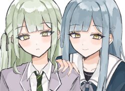 Rule 34 | 2girls, bang dream!, bang dream! it&#039;s mygo!!!!!, blue hair, blue shirt, blush, closed mouth, collared shirt, commentary request, cosplay, costume switch, green hair, green necktie, grey jacket, hair ornament, hairclip, hand on another&#039;s shoulder, haneoka school uniform, highres, jacket, looking at viewer, multiple girls, necktie, sailor collar, school uniform, shirt, simple background, smile, togawa sakiko, tsukinomori school uniform, twintails, upper body, wakaba mutsumi, white background, white sailor collar, white shirt, yellow eyes, yuruha (yuruha cat)
