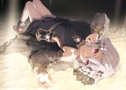 Rule 34 | 1girl, antenna hair, black dress, breasts, brown footwear, detached sleeves, dress, elf, expressionless, flower, from above, full body, hair between eyes, hair flower, hair ornament, hand on own cheek, hand on own face, highres, kokkoro (princess connect!), looking at viewer, lying, masami (souzou jinsei sanka), on back, open mouth, pointy ears, princess connect!, purple eyes, sandals, see-through, see-through sleeves, shirt, sleeveless, sleeveless dress, small breasts, solo, upside-down, white shirt