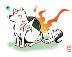 Rule 34 | aged down, amaterasu (ookami), animal, bodypaint, capcom, creature, fire, full body, issun, mirror, nanateru, no humans, ookami (game), simple background, sitting, white background, wolf