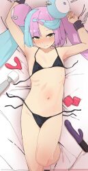 Rule 34 | 1girl, absurdres, armpits, arms up, bed sheet, bikini, black bikini, blush, bow-shaped hair, character hair ornament, closed mouth, collarbone, commentary request, condom, condom wrapper, creatures (company), cuffs, dildo, doroshe (sdpw8474), from above, game freak, green hair, hair ornament, highres, hitachi magic wand, iono (pokemon), knees, looking at viewer, multicolored hair, navel, nintendo, pokemon, pokemon sv, purple hair, restrained, ribs, sex toy, shackles, solo, sweat, swimsuit, two-tone hair, vibrator, yellow eyes