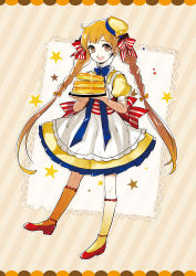 Rule 34 | 1girl, :d, apron, blue bow, bow, braid, brown eyes, brown hair, butter, dress, food, food-themed hair ornament, full body, gradient hair, hair ornament, kneehighs, kotokoto (vibgyor), long hair, looking at viewer, matching hair/eyes, morinaga (brand), multicolored hair, open mouth, original, pancake, pancake stack, personification, plate, red footwear, shoes, smile, socks, solo, standing, striped, striped bow, twin braids, twintails, yellow dress, yellow socks
