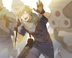Rule 34 | 4boys, aged down, belt, blonde hair, blue pants, blue shirt, closed eyes, cloud strife, commentary, final fantasy, final fantasy vii, gloves, hair between eyes, helmet, highres, holding, holding weapon, lower teeth only, male focus, mikuroron, multiple boys, open mouth, pants, shinra infantry uniform, shirt, sleeves rolled up, smile, soldier, spiked hair, square enix, suspenders, teeth, thigh strap, upper body, upper teeth only, waving, weapon, weapon case, white background