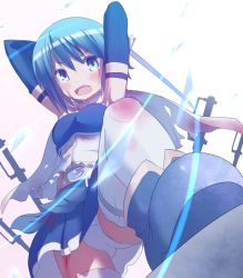Rule 34 | 10s, 1girl, arms up, bad id, bad pixiv id, blood, blood on face, blue eyes, blue hair, cape, foreshortening, from below, fudama, magical girl, mahou shoujo madoka magica, mahou shoujo madoka magica (anime), matching hair/eyes, miki sayaka, open mouth, panties, shoes, short hair, skirt, solo, sword, tears, thighhighs, underwear, upskirt, weapon, white panties, white thighhighs
