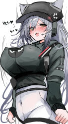 1girl absurdres animal_ears arknights breasts cat_ears cleavage covered_erect_nipples grey_hair hair_between_eyes highres large_breasts long_hair long_sleeves looking_at_viewer navel nipples open_mouth ponytail schwarz_(arknights) simple_background solo sunaneko translation_request yellow_eyes