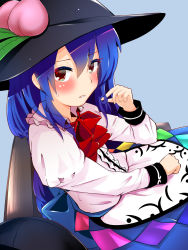 Rule 34 | 1girl, aqua hair, blue hair, blush, bow, commentary request, embarrassed, food, food-themed hair ornament, fruit, hair ornament, twirling hair, hat, highres, hinanawi tenshi, long sleeves, looking at viewer, open mouth, peach, peach hair ornament, playing with own hair, red eyes, ribbon, shirt, simple background, sitting, skirt, solo, tada no nasu, touhou, white shirt