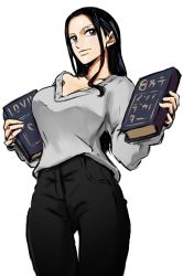 Rule 34 | 1girl, alternate costume, alternate hair length, alternate hairstyle, black hair, black pants, book, breasts, brown eyes, casual, closed mouth, collarbone, forehead, grey sweater, hands up, highres, holding, holding book, large breasts, light smile, lips, long hair, long sleeves, looking at viewer, nico robin, one piece, pants, pocket, sherumaru (korcht06), simple background, sleeves past wrists, solo, sweater, very long hair, white background