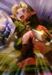 Rule 34 | 1boy, aoki (fumomo), blonde hair, blue eyes, boots, fighting stance, hat, hylian shield, link, male focus, motion blur, nintendo, open mouth, pointy ears, shield, solo, sword, the legend of zelda, the legend of zelda: ocarina of time, tunic, weapon, young link