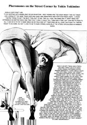 Rule 34 | 1990s (style), 1girl, bad anatomy, bare legs, bent over, blush, english text, greyscale, hard-translated, high heels, legs, long hair, looking at viewer, looking back, miniskirt, monochrome, panties, pantyshot, pheromones on the street corner, poorly drawn, retro artstyle, shoes, simple background, skirt, striped clothes, striped panties, third-party edit, translated, underwear, upskirt, wall of text, white background, yukimino yukio