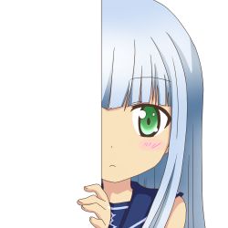 Rule 34 | 10s, 1girl, aoki hagane no arpeggio, blush, detached sleeves, embarrassed, frown, green eyes, hiding, iona (aoki hagane no arpeggio), long hair, looking at viewer, nagineko, peeking out, personification, silver hair, solo, transparent background