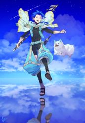 Rule 34 | 1boy, 1other, animal, asymmetrical hair, blue hair, blue sky, bodysuit, bodysuit under clothes, braid, braided ponytail, capelet, child, cloud, cloudy sky, cu chulainn (fate), dog, earrings, closed eyes, fate/grand order, fate/grand order arcade, fate (series), holding, holding staff, iz izhara, jewelry, jumping, leg warmers, long hair, long sleeves, open mouth, outdoors, puffy pants, puppy, reflection, sandals, scabbard, setanta (fate), sheath, shooting star, signature, skin tight, sky, staff