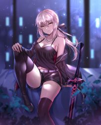Rule 34 | 1girl, arm support, artoria pendragon (all), artoria pendragon (fate), bare shoulders, belt, belt buckle, black camisole, black footwear, black jacket, black ribbon, black shorts, black thighhighs, blurry, boots, breasts, buckle, camisole, cleavage, collarbone, commentary request, depth of field, excalibur morgan (fate), fate/stay night, fate (series), fingernails, hair between eyes, hair ribbon, hand on own knee, head tilt, heiyan shenshi, highres, jacket, jewelry, knee up, long hair, long sleeves, looking at viewer, low ponytail, medium breasts, navel, necklace, night, off shoulder, official alternate costume, open clothes, open jacket, pale skin, parted lips, plant, ponytail, red jacket, ribbon, saber alter, saber alter (ver. shinjuku 1999) (fate), shiny skin, shorts, sidelocks, silver hair, sitting, skindentation, smile, solo, spaghetti strap, sword, thigh boots, thighhighs, thighs, weapon, white belt, yellow eyes