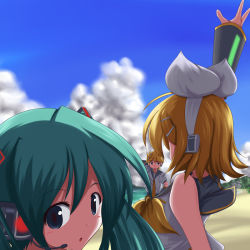 Rule 34 | 00s, 1boy, 2girls, :o, aqua hair, arm up, beach, blonde hair, blue eyes, blue sky, brother and sister, cloud, day, detached sleeves, fictional sister, hatsune miku, headphones, headset, kagamine len, kagamine rin, looking at viewer, looking back, multiple girls, neckerchief, ocean, outdoors, parted lips, sailor collar, school uniform, serafuku, shore, short hair, siblings, sky, spread fingers, twins, twintails, vocaloid, water, waving