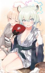 Rule 34 | 2girls, absurdres, animal ears, blonde hair, blue archive, blunt bangs, blush, bottle, breasts, bucket, closed eyes, commentary request, drooling, emirio (emirio110), green eyes, halo, hand fan, highres, holding, holding bottle, holding fan, japanese clothes, kimono, looking at viewer, low twintails, medium breasts, mouth drool, multiple girls, nodoka (blue archive), nodoka (hot spring) (blue archive), obi, onsen, parted lips, sash, shigure (blue archive), shigure (hot spring) (blue archive), short twintails, sitting, thighs, twintails, water, wide sleeves, yukata
