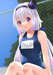 Rule 34 | .live, 1girl, blue one-piece swimsuit, blurry, blush, breasts, carro pino, character name, commentary request, depth of field, fence, hair between eyes, hair ornament, hairband, hat, highres, legs together, light purple hair, long hair, looking at viewer, low twintails, mini hat, mini top hat, one-piece swimsuit, open mouth, purple eyes, school swimsuit, sitting, sky, small breasts, solo, swimsuit, tipo (tipoplaza), top hat, twintails, very long hair, virtual youtuber, wide-eyed
