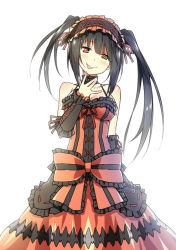 Rule 34 | 10s, 1girl, black hair, blush, bow, breasts, cleavage, collarbone, date a live, frills, hairband, heterochromia, highres, lolita fashion, lolita hairband, long hair, red eyes, sky-freedom, smirk, solo, tokisaki kurumi, tongue, twintails, white background, yellow eyes