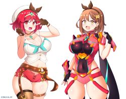 Rule 34 | 2girls, atelier (series), atelier ryza, atelier ryza 1, black gloves, breasts, brown eyes, brown hair, chest jewel, cosplay, costume switch, earrings, fingerless gloves, gloves, highres, jarckius, jewelry, large breasts, multiple girls, pyra (xenoblade), pyra (xenoblade) (cosplay), red eyes, red hair, red shorts, reisalin stout, reisalin stout (cosplay), short hair, short shorts, shorts, swept bangs, thick thighs, thighs, tiara, xenoblade chronicles (series), xenoblade chronicles 2