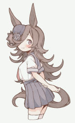 Rule 34 | 1girl, absurdres, animal ears, arms behind back, blue skirt, blush, brown hair, closed mouth, cropped legs, enoki art, flower, from side, grey background, hat, hat flower, highres, holding own arm, horse ears, horse girl, horse tail, long hair, looking at viewer, looking to the side, pleated skirt, purple eyes, rice shower (umamusume), sailor collar, school uniform, serafuku, shirt, short sleeves, simple background, skirt, smile, solo, tail, thighhighs, umamusume, white shirt
