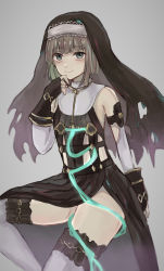 Rule 34 | 1boy, akitama2727, bare shoulders, brown hair, closed mouth, crossdressing, elbow gloves, gloves, green eyes, gretel (sinoalice), grey background, hair between eyes, hand on own chin, hat, highres, looking at viewer, nun, panties, short hair, simple background, sinoalice, smile, solo, thighhighs, torn clothes, torn hat, trap, underwear, white panties, white thighhighs