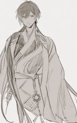 Rule 34 | 1boy, chinese clothes, closed mouth, cropped legs, earrings, genshin impact, greyscale, hair between eyes, highres, jewelry, long hair, male focus, mare6ns, monochrome, ponytail, single earring, sketch, solo, tassel, tassel earrings, very long hair, vision (genshin impact), wide sleeves, zhongli (genshin impact)