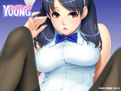 Rule 34 | 10s, 1girl, 2010, :o, adjusting hair, animal ears, black hair, black pantyhose, blue hair, bow, bowtie, breasts, brown eyes, earrings, fake animal ears, fingernails, ino (magloid), jewelry, large breasts, leotard, lipstick, long fingernails, long hair, looking at viewer, makeup, men&#039;s young, nail polish, open mouth, orange eyes, pantyhose, parted bangs, playboy bunny, rabbit ears, shirt, sitting, sleeveless, sleeveless shirt, solo, spread legs, thighhighs, twintails, wallpaper