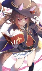 Rule 34 | 1girl, animal ears, belt, black necktie, black robe, book, bow, broom, brown hair, collared shirt, from above, gloves, hair rings, hat, hat bow, hat tip, highres, holding, holding book, horse ears, horse girl, horse tail, long hair, long sleeves, looking at viewer, necktie, open book, patterned background, pinponpaaru, pleated skirt, red bow, red eyes, red sweater vest, robe, shirt, skirt, smile, solo, sweater vest, sweep tosho (umamusume), swept bangs, tail, twintails, umamusume, white gloves, white skirt, wide sleeves, wind, wind lift, witch hat