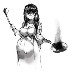 Rule 34 | 1girl, apron, breasts, burnt food, cleavage, failure, frying pan, greyscale, hair over shoulder, highres, ladle, large breasts, long hair, looking at viewer, monochrome, original, pregnant, ramia (ramia-yana), scar, scar on face, scar on nose, solo, sweatdrop, the golden smurf, toned
