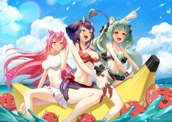Rule 34 | 3girls, animal ears, bikini, bird, blunt bangs, blunt ends, bow, breasts, cat ears, cat girl, cloud9, cluseller, commentary, day, demon tail, dragon girl, dragon horns, dragon tail, english commentary, fangs, girl dm, green hair, horns, indie virtual youtuber, long hair, medium breasts, multiple girls, navel, oni, oni horns, onigiri (vtuber) (summer), onigiri (vtuber), open mouth, orange eyes, outdoors, pink eyes, pink hair, pointing, purple hair, sitting, small breasts, swimsuit, tail, teeth, thigh strap, tongue, twintails, vienna (vtuber), virtual youtuber, water, yellow eyes