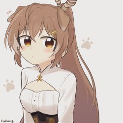 Rule 34 | 1girl, ahoge, animal ears, blush, brown corset, brown eyes, brown hair, cleavage cutout, closed mouth, clothing cutout, corset, dog ears, feather hair ornament, feathers, gyaheung, hair ornament, hololive, hololive english, long hair, looking at viewer, multicolored hair, nanashi mumei, paw print, ponytail, shirt, solo, streaked hair, virtual youtuber, white shirt