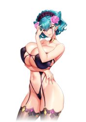 Rule 34 | 1girl, akagi rio, arka hellmare, blue hair, bra, breasts, cleavage, earrings, flower, hair flower, hair ornament, hairband, huge breasts, jewelry, lace, lingerie, lolita hairband, looking at viewer, milk factory, mole, motto! haramase! honoo no oppai isekai oppai maid gakuen!, navel, necklace, official art, pointy ears, red eyes, short hair, skindentation, smile, thong, transparent background, underwear