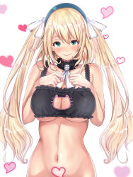 Rule 34 | 10s, 1girl, atago (kancolle), beret, black bra, blonde hair, blush, bottomless, bra, breasts, cat cutout, cat lingerie, choker, cleavage, cleavage cutout, clothing cutout, commentary request, green eyes, hair ribbon, hat, heart, highres, kantai collection, large breasts, long hair, looking at viewer, meme attire, navel, ribbon, smile, solo, twintails, underwear, underwear only, untue