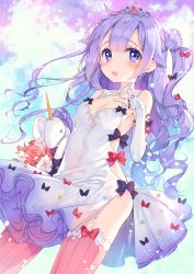 Rule 34 | 1girl, ahoge, azur lane, bad id, bad pixiv id, blush, bouquet, bow, breasts, bridal gauntlets, cleavage, clothing cutout, commentary, cowboy shot, detached collar, dress, flower, garter straps, gem, hair between eyes, hair bow, hair bun, hair flaps, hand on own chest, happy tears, highres, holding, holding stuffed toy, jewelry, long hair, looking at viewer, manle, medium breasts, one side up, open mouth, ornate ring, pink thighhighs, purple eyes, purple hair, ring, rose, side bun, side cutout, single hair bun, single side bun, smile, solo, sparkle, standing, striped clothes, striped thighhighs, stuffed animal, stuffed toy, stuffed unicorn, stuffed winged unicorn, tears, thighhighs, tiara, unicorn (azur lane), vertical-striped clothes, vertical-striped thighhighs, wedding dress, wedding ring, white dress, wind