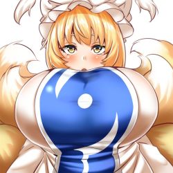 Rule 34 | 1girl, :o, animal ears, animal hat, blonde hair, blush, breasts, covered mouth, dress, fox ears, fox tail, hat, huge breasts, mob cap, multiple tails, open mouth, mob cap, short hair, simple background, solo, tabard, tail, touhou, upper body, white background, white dress, wildcat (kusonemi), yakumo ran, yellow eyes