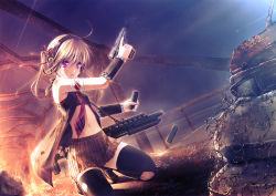 Rule 34 | 1girl, aruciii, bandaged arm, bandages, barbed wire, bare shoulders, black jacket, black thighhighs, blonde hair, boots, breasts, brown footwear, brown skirt, commentary request, copyright request, dutch angle, ear protection, gun, handgun, holding, holding gun, holding magazine, holding magazine (weapon), holding weapon, jacket, kneeling, long hair, m1911, magazine (object), magazine (weapon), navel, necktie, outdoors, plaid, plaid skirt, pleated skirt, pump action, purple eyes, red necktie, remington 870, revision, rust, shotgun, side ponytail, sidelocks, skirt, sleeveless, sleeveless jacket, small breasts, solo, thighhighs, torn clothes, torn thighhighs, twintails, weapon, weapon request, wrist cuffs