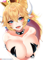 Rule 34 | 1girl, armlet, arms under breasts, artist name, bare shoulders, blonde hair, blue eyes, blush, bowsette, bracelet, breast hold, breasts, cleavage, collar, collarbone, commentary, crown, earrings, forked eyebrows, hair between eyes, horns, jewelry, large breasts, lips, long hair, looking at viewer, mario (series), new super mario bros. u deluxe, nintendo, open mouth, pointy ears, ponytail, sharp teeth, sidelocks, simple background, slit pupils, smile, solo, spiked armlet, spiked bracelet, spiked collar, spikes, super crown, teeth, thick eyebrows, tofuubear, upper body, white background