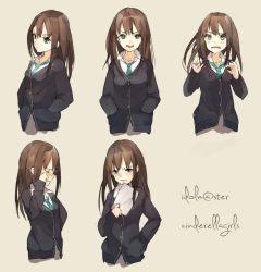 Rule 34 | 10s, 1girl, bad id, blush, brown hair, bunkyo takemi, cardigan, character sheet, copyright name, earrings, expressions, closed eyes, green eyes, hand in pocket, hands in pockets, idolmaster, idolmaster cinderella girls, jewelry, long hair, necklace, necktie, open mouth, pout, school uniform, shibuya rin, smile, solo
