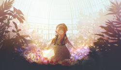 Rule 34 | 1girl, ^ ^, absurdres, arms at sides, blurry, blush, bow, brown hair, capelet, closed eyes, day, depth of field, dome, dress, eoneu nal gongjuga doeeobeoryeotda, facing viewer, floral print, flower, flower wreath, frilled sleeves, frills, garden, greenhouse, hair flower, hair ornament, happy, head wreath, highres, indoors, jennette margarita, laughing, long hair, long sleeves, pink bow, pink flower, pink rose, plant, purple flower, red flower, red rose, ribbon, rose, see-through silhouette, sleeves past elbows, smile, solo, standing, straight-on, straight hair, white flower, xuanqing0726, yellow flower