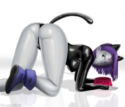 Rule 34 | 1girl, all fours, animal ears, ankle boots, ass, boots, bowl, breasts, cat ears, cat tail, colored skin, covered erect nipples, dc comics, fake animal ears, forehead jewel, grey skin, hairband, kemonomimi mode, latex, leotard, pet bowl, purple eyes, purple hair, raven (dc), reflective floor, shiny clothes, short hair, shugarsketch, shugarskull, solo, tail, teen titans, thong leotard