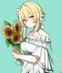 Rule 34 | 1girl, aqua background, bare shoulders, blonde hair, blush, bouquet, breasts, collarbone, commentary, dress, feather hair ornament, feathers, flower, frills, genshin impact, hair between eyes, hair flower, hair ornament, hands up, highres, kuromu shado, leaf, looking at viewer, lumine (genshin impact), medium breasts, off-shoulder dress, off shoulder, orange eyes, short hair, short hair with long locks, short sleeves, sidelocks, simple background, solo, standing, sunflower, symbol-only commentary, white dress, white flower