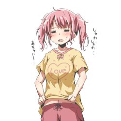 Rule 34 | 1girl, = =, bang dream!, blush, bow, closed eyes, clothes lift, clothes writing, collarbone, commentary request, cowboy shot, dot nose, heart, heart print, maruyama aya, midriff peek, navel, open mouth, pink bow, pink hair, polka dot, polka dot shirt, red legwear, riai (onsen), round teeth, shirt, shirt lift, short sleeves, simple background, solo, sweat, t-shirt, teeth, translated, twintails, two-tone shirt, white background, yellow shirt