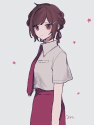 Rule 34 | 1girl, braid, breast pocket, brown hair, closed mouth, collared shirt, expressionless, freckles, from side, hair ornament, hair ribbon, hairclip, looking at viewer, maco22, necktie, original, pocket, red necktie, red skirt, ribbon, school uniform, shirt, shirt tucked in, short hair, short sleeves, signature, simple background, skirt, solo, star (symbol), white background, white shirt