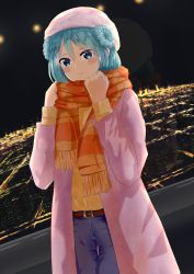 Rule 34 | 1girl, absurdres, alternate costume, beret, blue eyes, blue hair, cityscape, coat, commentary request, cowboy shot, denim, double bun, dutch angle, hair bun, hat, highres, jeans, kantai collection, looking at viewer, medium hair, mirepoix, night, orange scarf, orange sweater, outdoors, pants, pink coat, pink hat, sailor hat, scarf, solo, standing, sweater, urakaze (kancolle), winter clothes