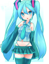Rule 34 | 1girl, aqua eyes, aqua hair, detached sleeves, hatsune miku, headset, inaka keikou, long hair, midriff, navel, necktie, open mouth, skirt, sleeves past wrists, solo, thighhighs, twintails, very long hair, vocaloid