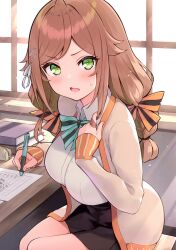 Rule 34 | 1girl, absurdres, blush, book, bow, breasts, brown hair, day, fingernails, green eyes, hair ornament, highres, hisen kaede, holding, indoors, jacket, light particles, long hair, looking at viewer, low twintails, mechanical pencil, medium breasts, open clothes, open jacket, open mouth, original, paper, pencil, scan, school uniform, simple background, sitting, skirt, solo, sunlight, sweat, sweatdrop, swimsuit, tojo senri (hisen kaede), twintails, window